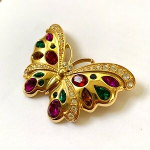 vintage golden butterfly large brooch pin with colorful faux gemstones